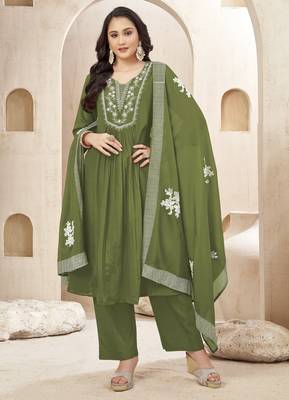 Chinon silk embroidery & sequins work anarkali kurta pant dupatta set for women  1