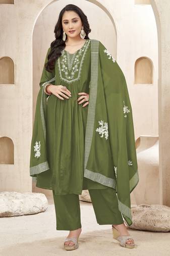 chinon silk embroidery & sequins work anarkali kurta pant dupatta set for women 