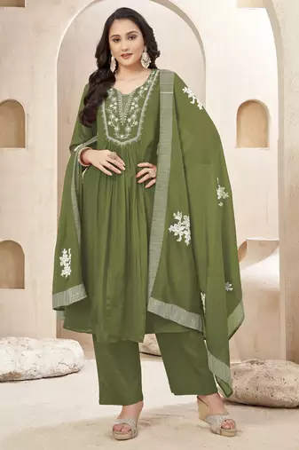 Chinon silk embroidery & sequins work anarkali kurta pant dupatta set for women 