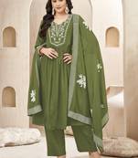 Chinon silk embroidery & sequins work anarkali kurta pant dupatta set for women 