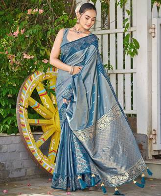 Women teal blue silk blend banarasi jacquard woven saree with blouse 1