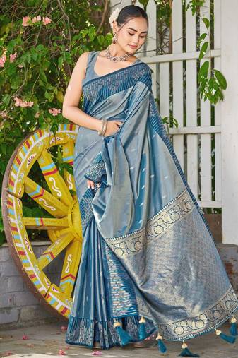 Women teal blue silk blend banarasi jacquard woven saree with blouse