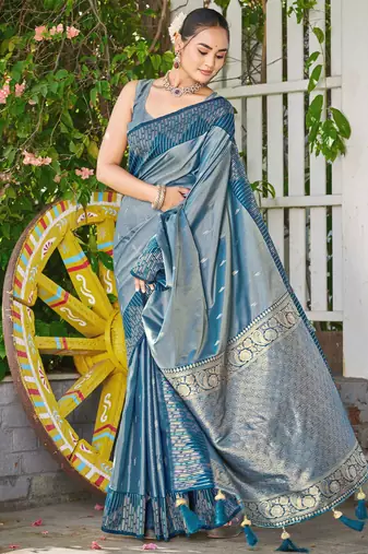 Women teal blue silk blend banarasi jacquard woven saree with blouse