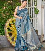 Women teal blue silk blend banarasi jacquard woven saree with blouse