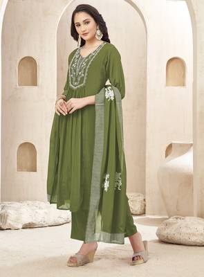 Chinon silk embroidery & sequins work anarkali kurta pant dupatta set for women  2