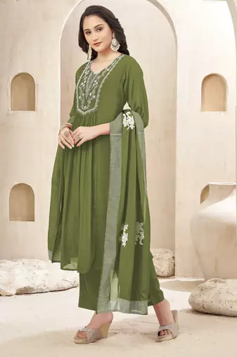 Chinon silk embroidery & sequins work anarkali kurta pant dupatta set for women 