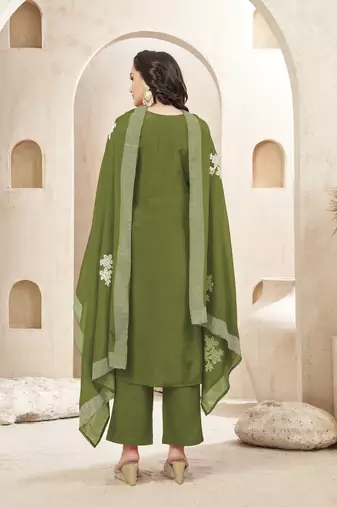 Chinon silk embroidery & sequins work anarkali kurta pant dupatta set for women 
