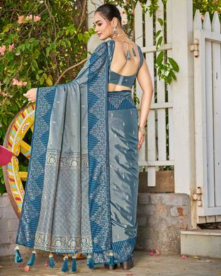 Women teal blue silk blend banarasi jacquard woven saree with blouse 2