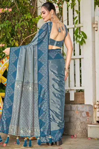 Women teal blue silk blend banarasi jacquard woven saree with blouse