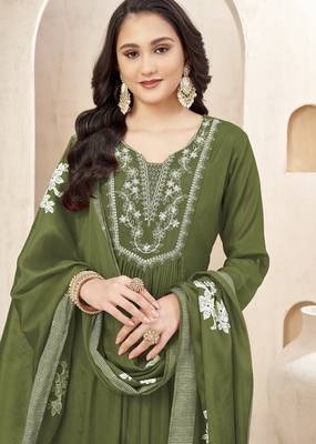 Chinon silk embroidery & sequins work anarkali kurta pant dupatta set for women  4