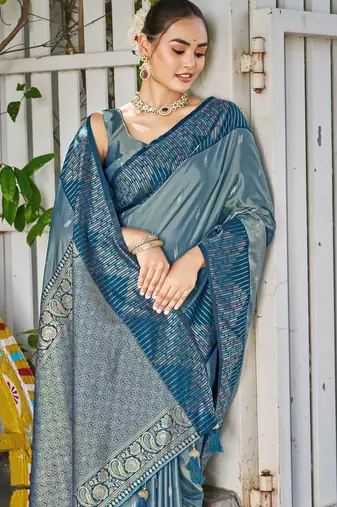 Women teal blue silk blend banarasi jacquard woven saree with blouse