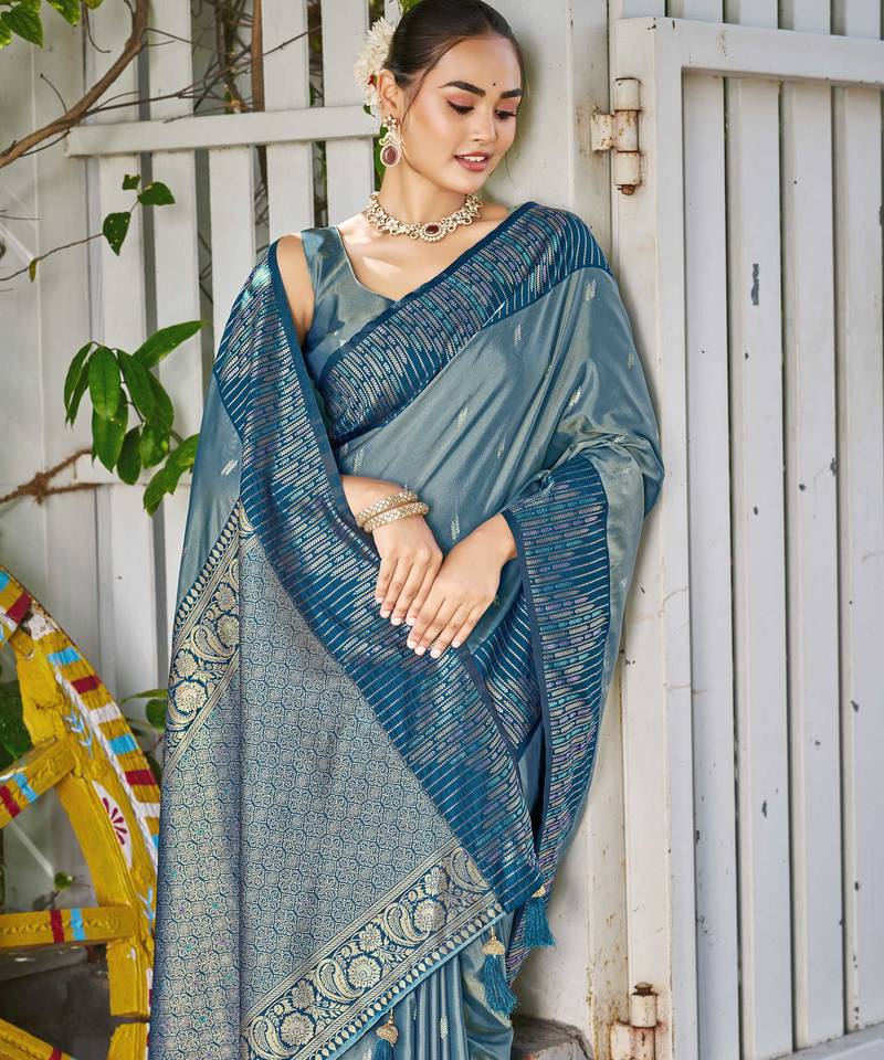 Women teal blue silk blend banarasi jacquard woven saree with blouse