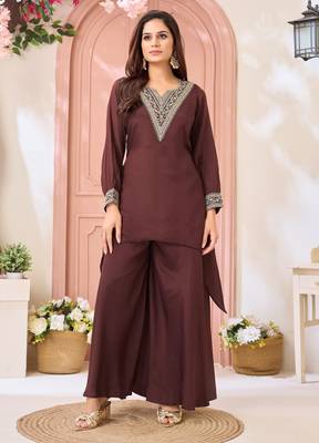 Chinon embroidery & coding work fancy kurta palazzo set for women  1