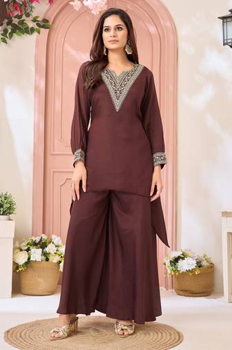 Chinon embroidery & coding work fancy kurta palazzo set for women 