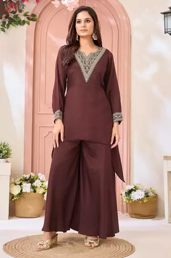 chinon embroidery & coding work fancy kurta palazzo set for women 