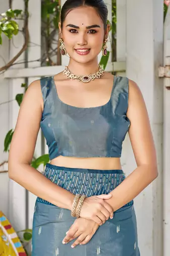 Women teal blue silk blend banarasi jacquard woven saree with blouse