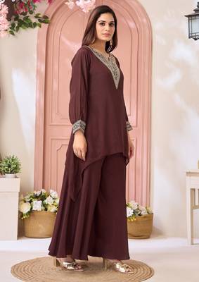 Chinon embroidery & coding work fancy kurta palazzo set for women  2