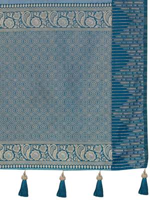 Women teal blue silk blend banarasi jacquard woven saree with blouse 5