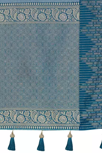 Women teal blue silk blend banarasi jacquard woven saree with blouse