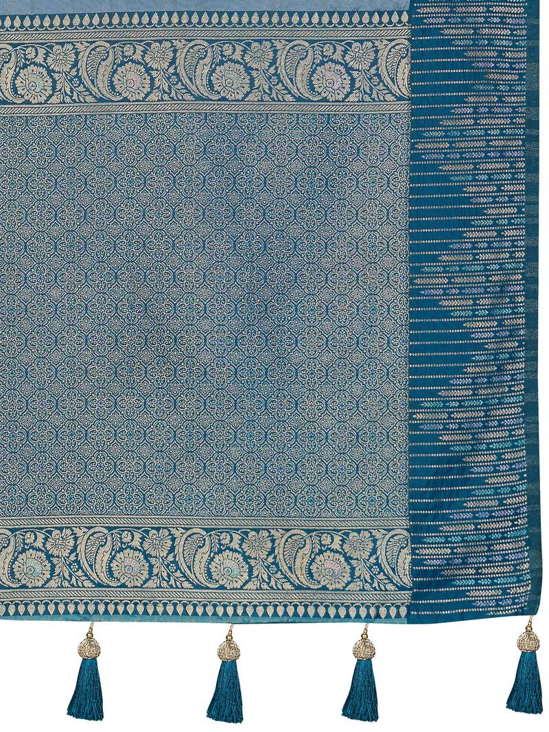 Women teal blue silk blend banarasi jacquard woven saree with blouse