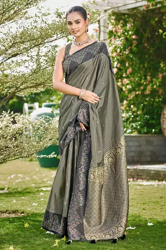 Women olive grey silk blend banarasi jacquard woven saree with blouse