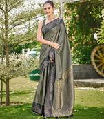 Women olive grey silk blend banarasi jacquard woven saree with blouse