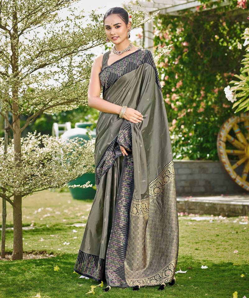 Women olive grey silk blend banarasi jacquard woven saree with blouse
