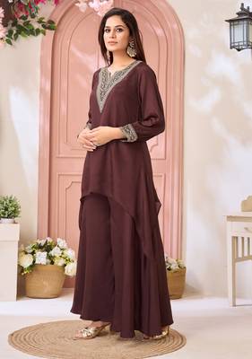 Chinon embroidery & coding work fancy kurta palazzo set for women  4