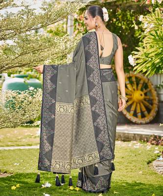 Women olive grey silk blend banarasi jacquard woven saree with blouse 2