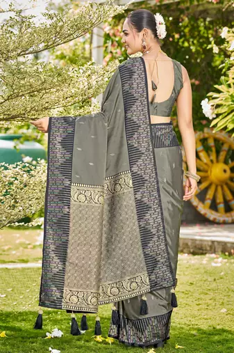 Women olive grey silk blend banarasi jacquard woven saree with blouse