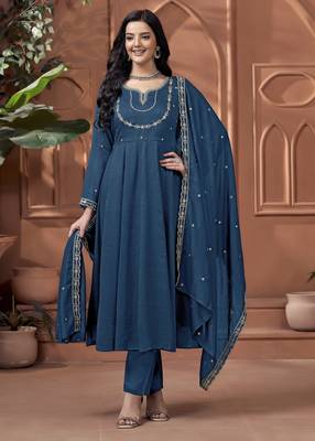 Vichitra silk embroidery & sequins work anarkali kurta pant dupatta set for women  1