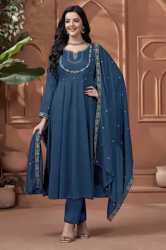Vichitra silk embroidery & sequins work anarkali kurta pant dupatta set for women 