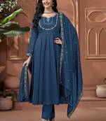Vichitra silk embroidery & sequins work anarkali kurta pant dupatta set for women 