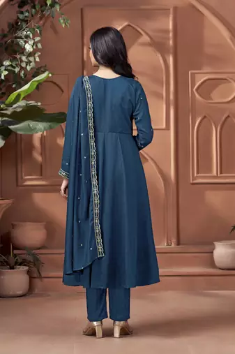 Vichitra silk embroidery & sequins work anarkali kurta pant dupatta set for women 