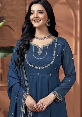Vichitra silk embroidery & sequins work anarkali kurta pant dupatta set for women  3