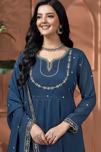 Vichitra silk embroidery & sequins work anarkali kurta pant dupatta set for women 