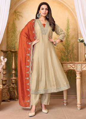 Vichitra silk embroidery & sequins work anarkali kurta pant dupatta set for women  1