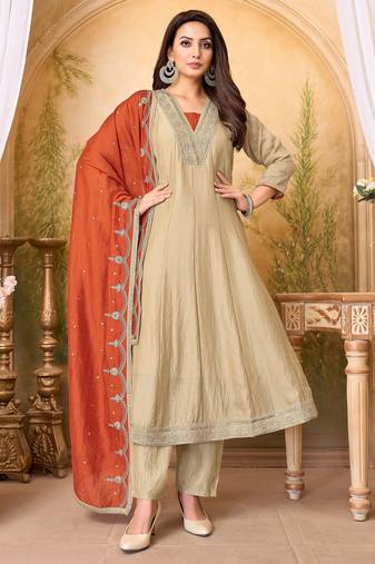 Vichitra silk embroidery & sequins work anarkali kurta pant dupatta set for women 