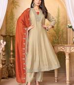 Vichitra silk embroidery & sequins work anarkali kurta pant dupatta set for women 