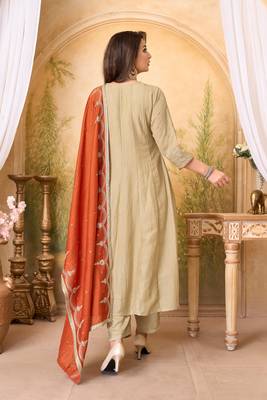 Vichitra silk embroidery & sequins work anarkali kurta pant dupatta set for women  2