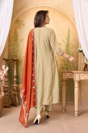 Vichitra silk embroidery & sequins work anarkali kurta pant dupatta set for women 