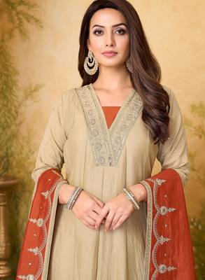 Vichitra silk embroidery & sequins work anarkali kurta pant dupatta set for women  3