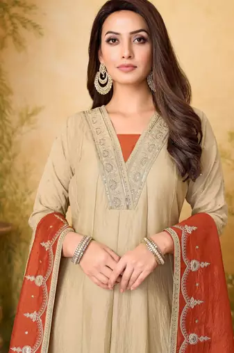 Vichitra silk embroidery & sequins work anarkali kurta pant dupatta set for women 