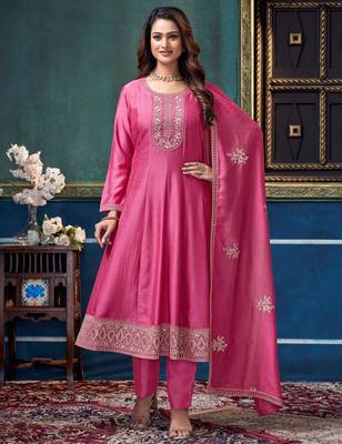 Vichitra silk embroidery & sequins work anarkali kurta pant dupatta set for women  1
