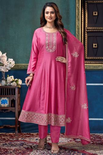 vichitra silk embroidery & sequins work anarkali kurta pant dupatta set for women 