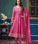 Vichitra silk embroidery & sequins work anarkali kurta pant dupatta set for women 