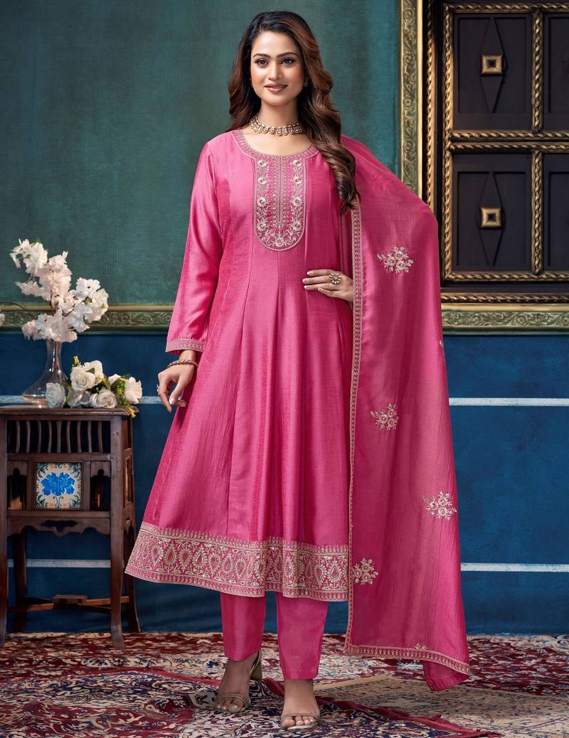 Vichitra silk embroidery & sequins work anarkali kurta pant dupatta set for women 