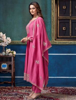 Vichitra silk embroidery & sequins work anarkali kurta pant dupatta set for women  2