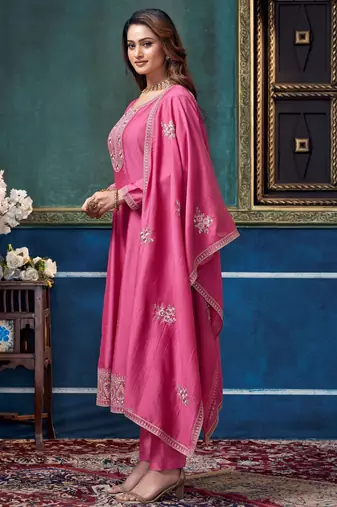 Vichitra silk embroidery & sequins work anarkali kurta pant dupatta set for women 