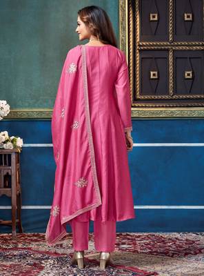 Vichitra silk embroidery & sequins work anarkali kurta pant dupatta set for women  3